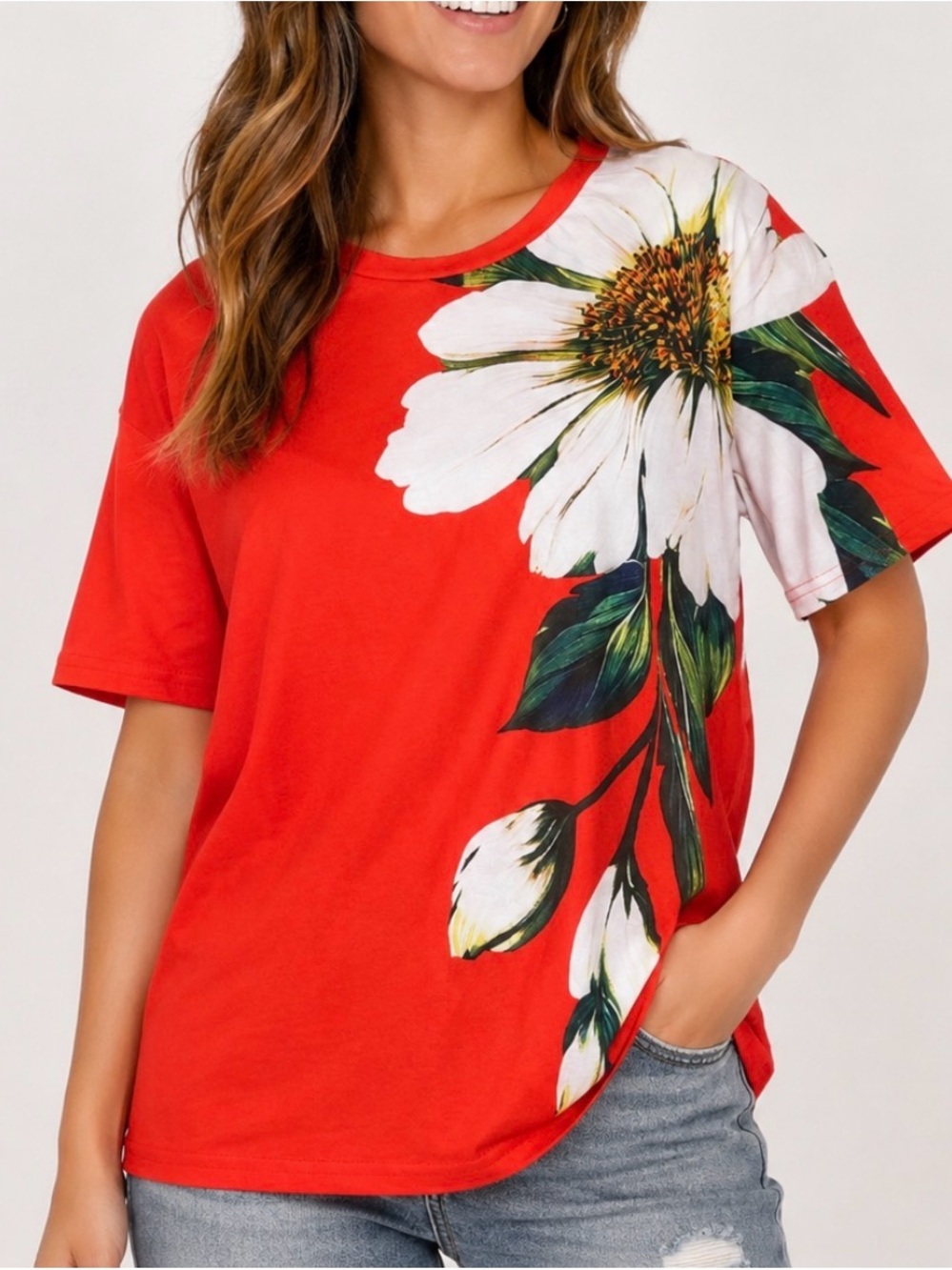 burnt Red Floral Short Sleeve Women's Top lightweight flower print SZ MD